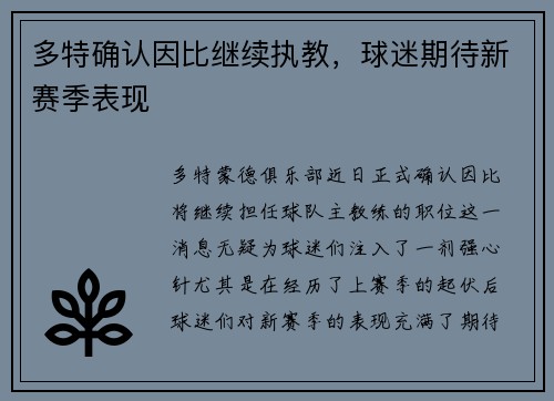 多特确认因比继续执教，球迷期待新赛季表现