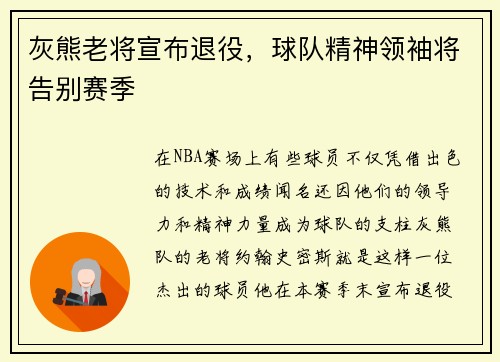 灰熊老将宣布退役，球队精神领袖将告别赛季
