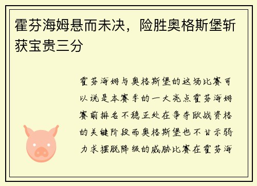 霍芬海姆悬而未决，险胜奥格斯堡斩获宝贵三分