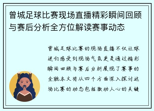 曾城足球比赛现场直播精彩瞬间回顾与赛后分析全方位解读赛事动态